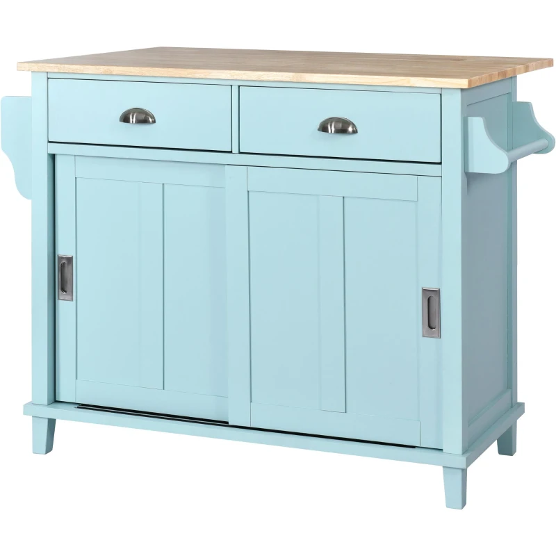 Rolling Kitchen Island with Drop-Leaf Countertop, Sliding Door, Adjustable Shelves, Cabinet and Drawers, 52" L x 30.5" W x 36.5" H, Mint Green