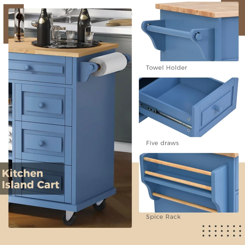Rolling Kitchen Island Cart with 5 Drawers, Rubber Wood Top, Adjustable Shelves, Utility Island with Lockable Wheels, 53" L x 18" W x 36" H, Blue