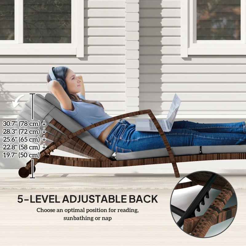 Outsunny Set of 2 Wicker Chaise Lounge Chair Outdoor Patio Lounger with 5 Adjustable Back, Wheels, Cushion and Armrests, Grey