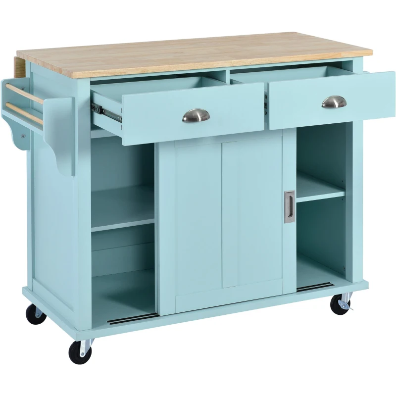 Rolling Kitchen Island with Drop-Leaf Countertop, Sliding Door, Adjustable Shelves, Cabinet and Drawers, 52" L x 30.5" W x 36.5" H, Mint Green
