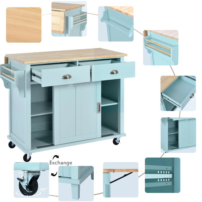 Rolling Kitchen Island with Drop-Leaf Countertop, Sliding Door, Adjustable Shelves, Cabinet and Drawers, 52" L x 30.5" W x 36.5" H, Mint Green