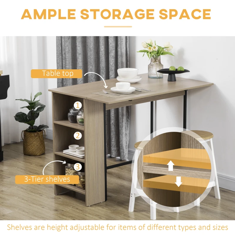 HOMCOM Counter Height Table with Drop Leaf, Extendable Bar Table with Adjustable Storage Shelf, Light Grey