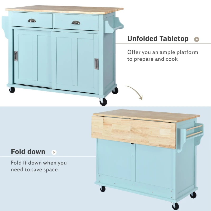 Rolling Kitchen Island with Drop-Leaf Countertop, Sliding Door, Adjustable Shelves, Cabinet and Drawers, 52" L x 30.5" W x 36.5" H, Mint Green