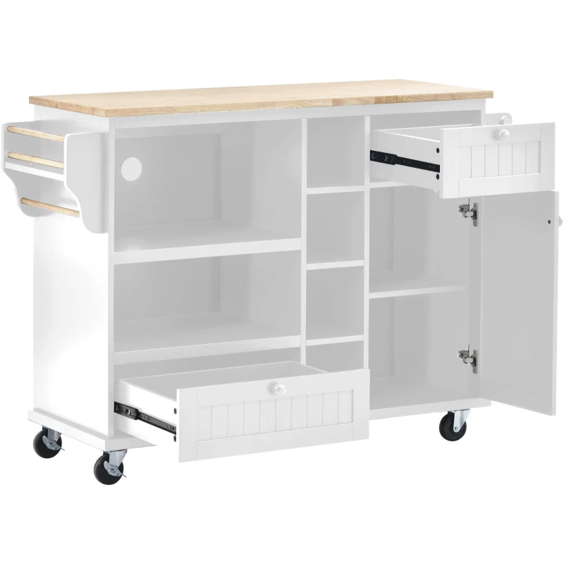 Kitchen Cart with 2 Storage Drawers, Solid Wood Desktop, Locking Wheels, Utility Island with Microwave Cabinet, 51" L x 18" W x 36" H, White