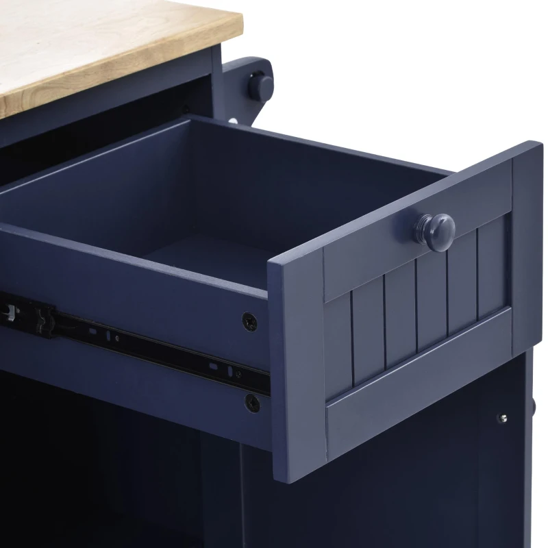 Rolling Mobile Kitchen Island Cart with Storage Cabinet, Solid Wood Desktop, Central Island with Locking Wheels, 51" L x 18" W x 36" H, Dark Blue
