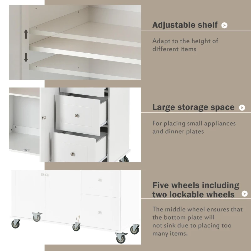 Kitchen Island with Wood Top, Locking Wheels, Racks and Drawers, Central Island with Drop Leaf Breakfast Bar, 53" L x 29.5" W x 37" H, White