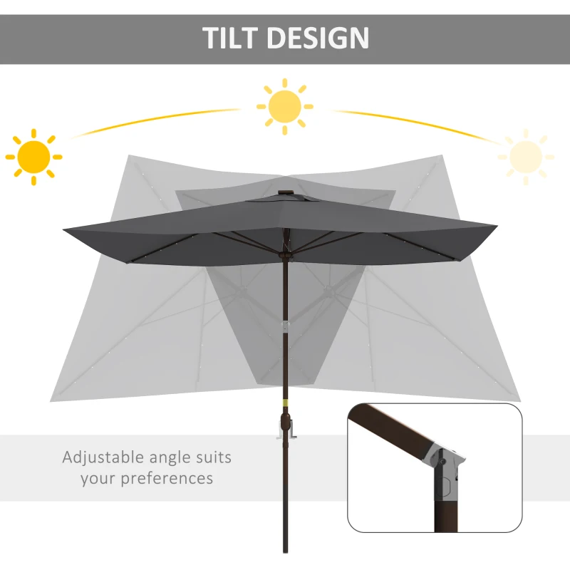 Outsunny 6.5x10ft Patio Umbrella Tilt Aluminum Outdoor Market Parasol with Solar Powered LEDs, Crank - Dark Grey