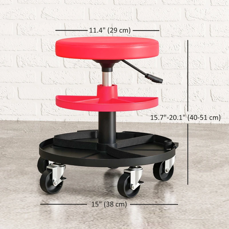 HOMCOM Rolling Garage Stool, 300 LBS Capacity Mechanic Stool with 2.5" Wheels, Tool Trays Storage, Adjustable Height, Red