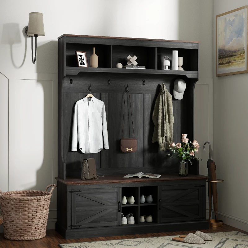 HOMCOM 3-in-1 Hall Tree with Shoe Storage, Coat Rack with Bench, Entryway Furniture with Hooks, Black Wood Grain