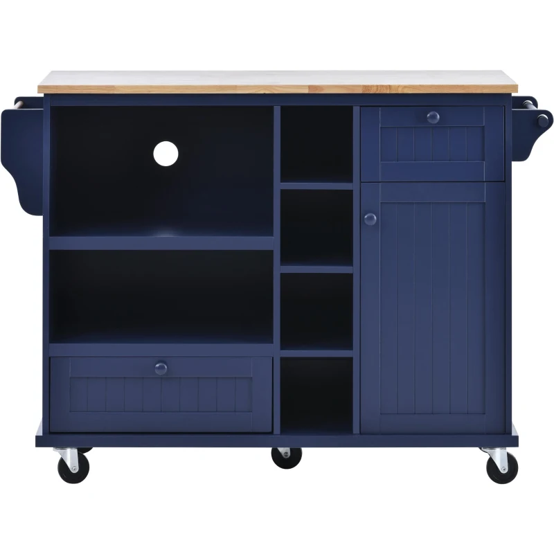 Rolling Mobile Kitchen Island Cart with Storage Cabinet, Solid Wood Desktop, Central Island with Locking Wheels, 51" L x 18" W x 36" H, Dark Blue