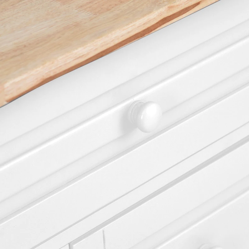 Mobile Kitchen Cart with 5 Drawers, Adjustable Shelves, Lockable Wheels, Rolling Cooking Island with Wooden Top, 53" L x 18" W x 36" H, White