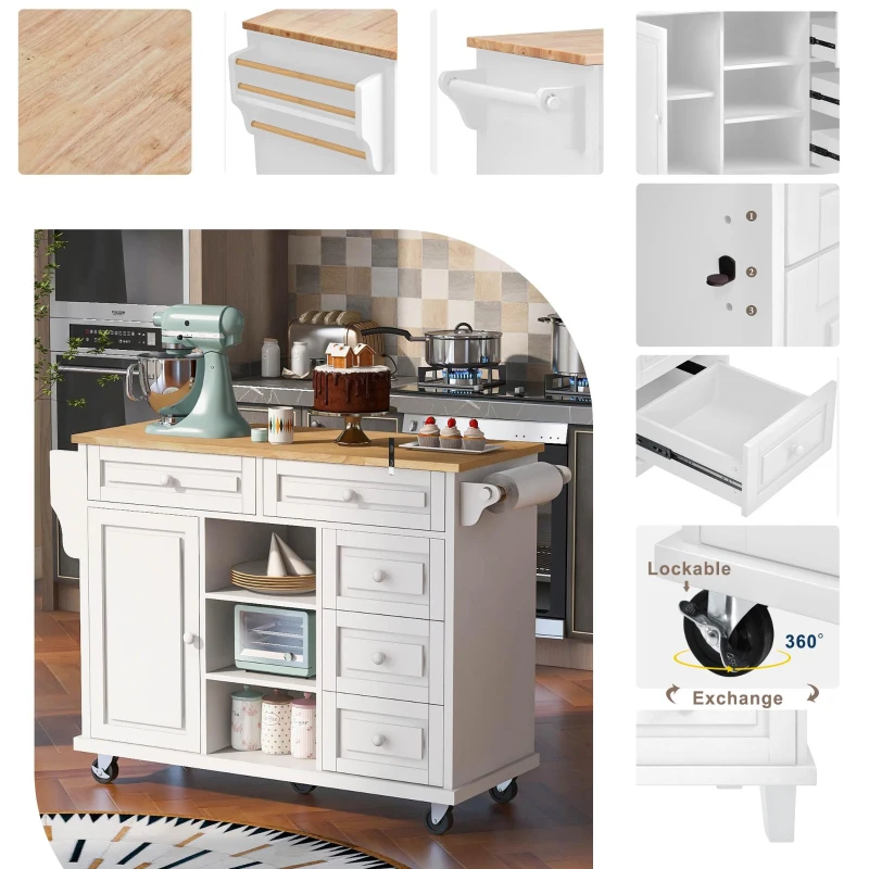 Mobile Kitchen Cart with 5 Drawers, Adjustable Shelves, Lockable Wheels, Rolling Cooking Island with Wooden Top, 53" L x 18" W x 36" H, White