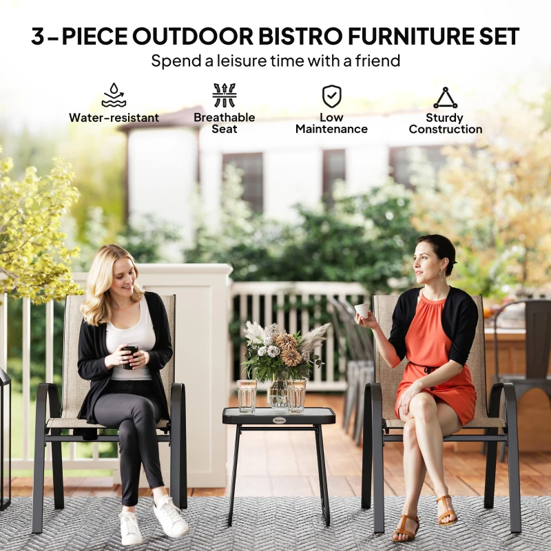 Outsunny Outdoor Bistro Set of 3, 3-Piece Patio Set with Breathable Mesh Fabric, Stackable Chairs and Square Table, Brown