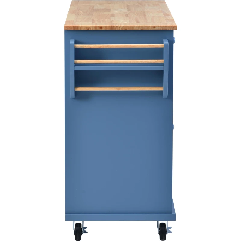 Rolling Kitchen Island Cart with 5 Drawers, Rubber Wood Top, Adjustable Shelves, Utility Island with Lockable Wheels, 53" L x 18" W x 36" H, Blue