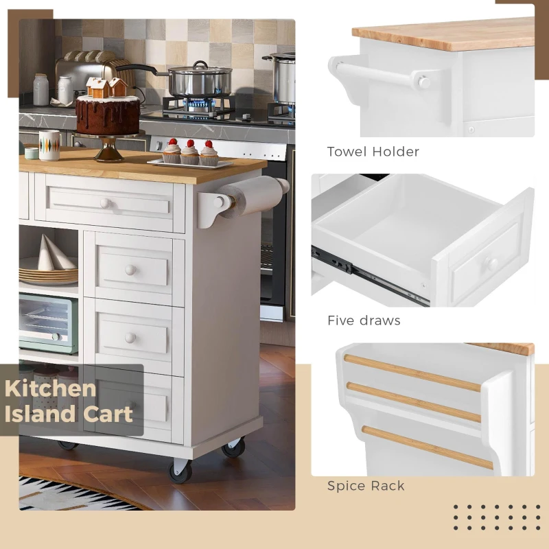 Mobile Kitchen Cart with 5 Drawers, Adjustable Shelves, Lockable Wheels, Rolling Cooking Island with Wooden Top, 53" L x 18" W x 36" H, White