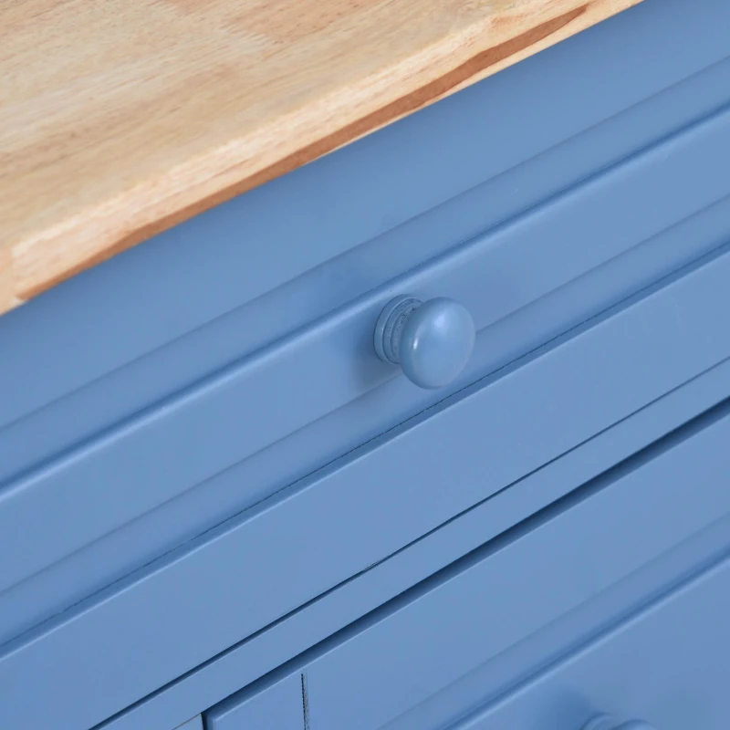 Rolling Kitchen Island Cart with 5 Drawers, Rubber Wood Top, Adjustable Shelves, Utility Island with Lockable Wheels, 53" L x 18" W x 36" H, Blue