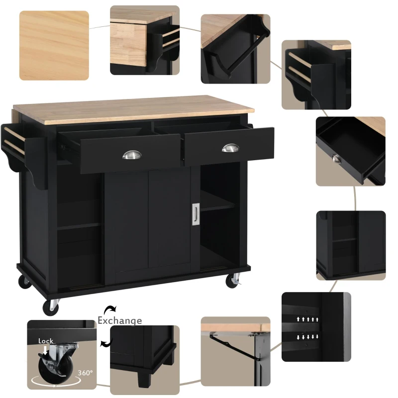 Adjustable Kitchen Cart with 4 Wheels, Sliding Doors, Cabinet and Drawers, Utility Island with Drop-Leaf Tabletop, 52" L x 30.5" W x 36.5" H, Black
