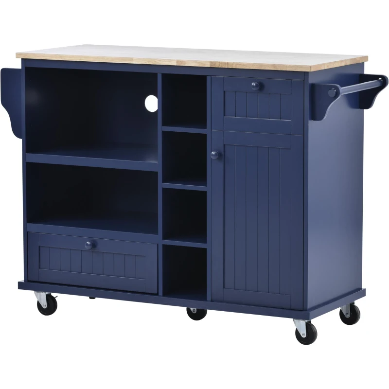 Rolling Mobile Kitchen Island Cart with Storage Cabinet, Solid Wood Desktop, Central Island with Locking Wheels, 51" L x 18" W x 36" H, Dark Blue