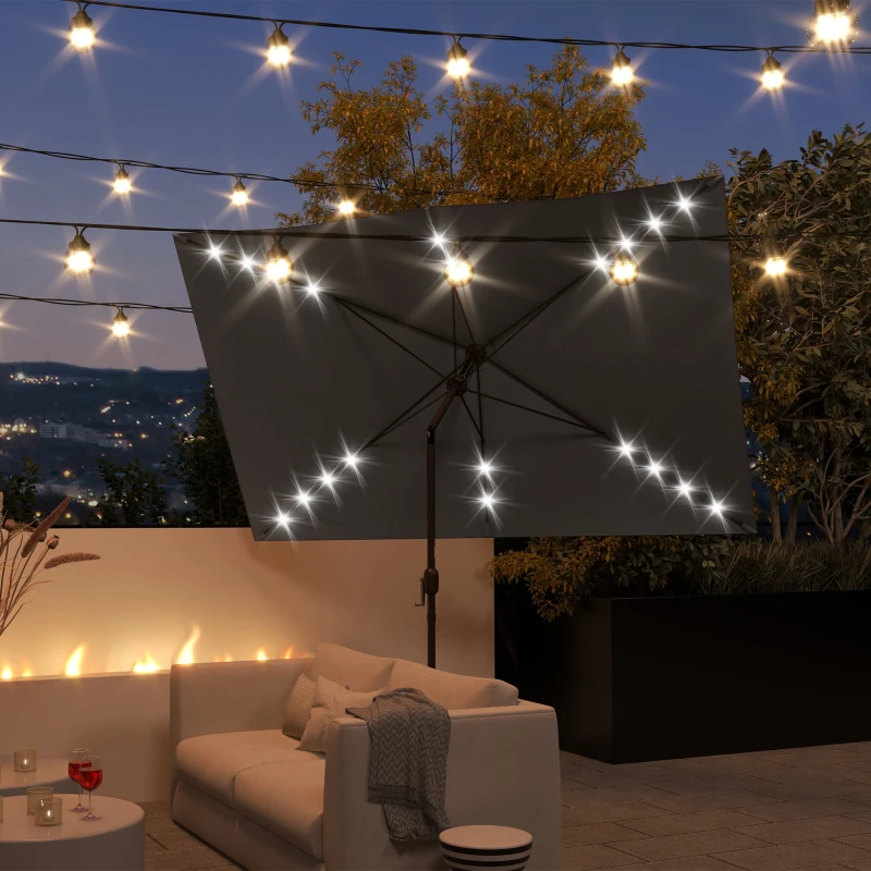 Outsunny 6.5x10ft Patio Umbrella Tilt Aluminum Outdoor Market Parasol with Solar Powered LEDs, Crank - Dark Grey