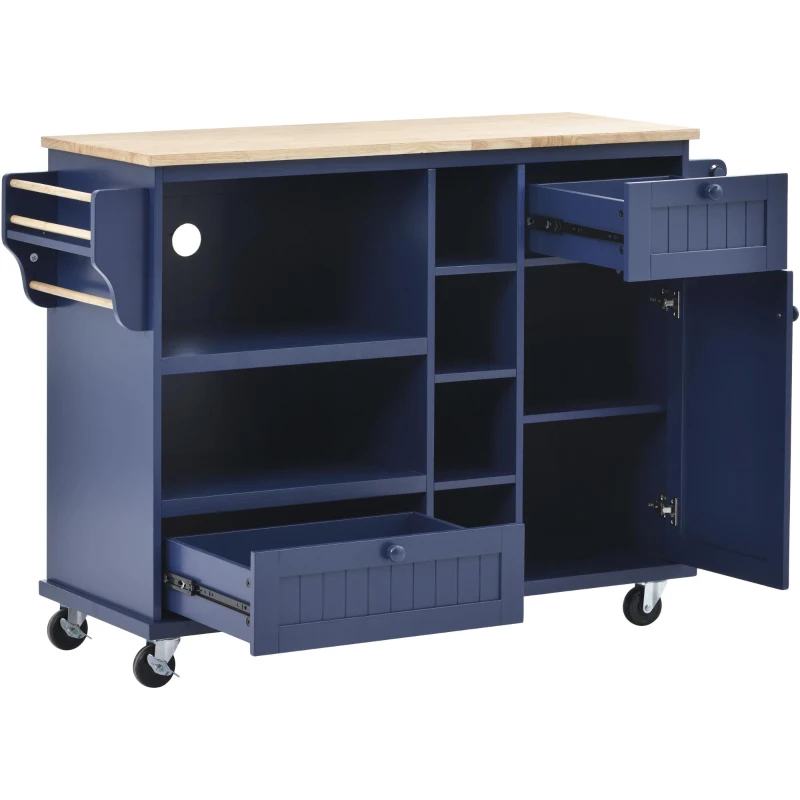 Rolling Mobile Kitchen Island Cart with Storage Cabinet, Solid Wood Desktop, Central Island with Locking Wheels, 51" L x 18" W x 36" H, Dark Blue
