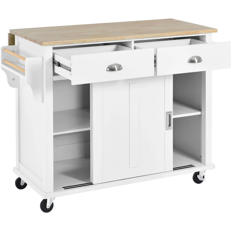 Kitchen Cart with Drop-Leaf Countertop, Sliding Barn Door, Cabinet and Drawers, Kitchen Island with 4 Wheels, 52" L x 30.5" W x 36.5" H, White