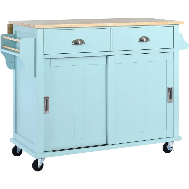 Rolling Kitchen Island with Drop-Leaf Countertop, Sliding Door, Adjustable Shelves, Cabinet and Drawers, 52" L x 30.5" W x 36.5" H, Mint Green
