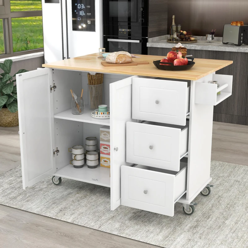 Kitchen Island with Wood Top, Locking Wheels, Racks and Drawers, Central Island with Drop Leaf Breakfast Bar, 53" L x 29.5" W x 37" H, White
