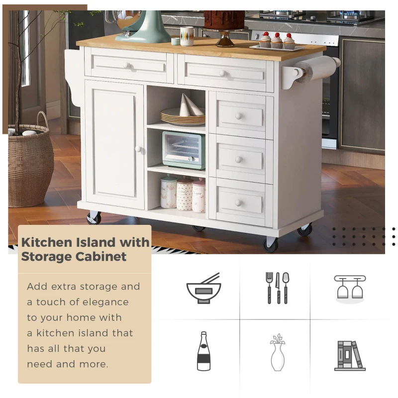 Mobile Kitchen Cart with 5 Drawers, Adjustable Shelves, Lockable Wheels, Rolling Cooking Island with Wooden Top, 53" L x 18" W x 36" H, White
