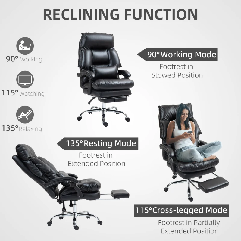 HOMCOM Overstuffed Office Chair, High Back Desk Chair with Foot Rest, Reclining PU Leather Computer Chair, Black