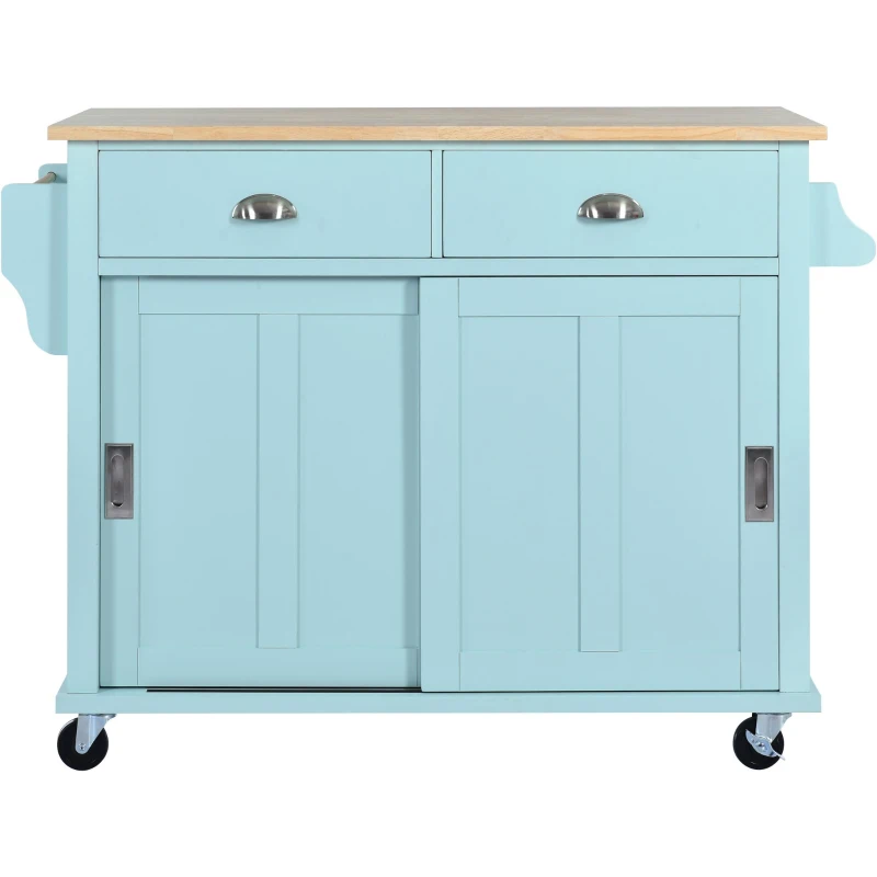 Rolling Kitchen Island with Drop-Leaf Countertop, Sliding Door, Adjustable Shelves, Cabinet and Drawers, 52" L x 30.5" W x 36.5" H, Mint Green