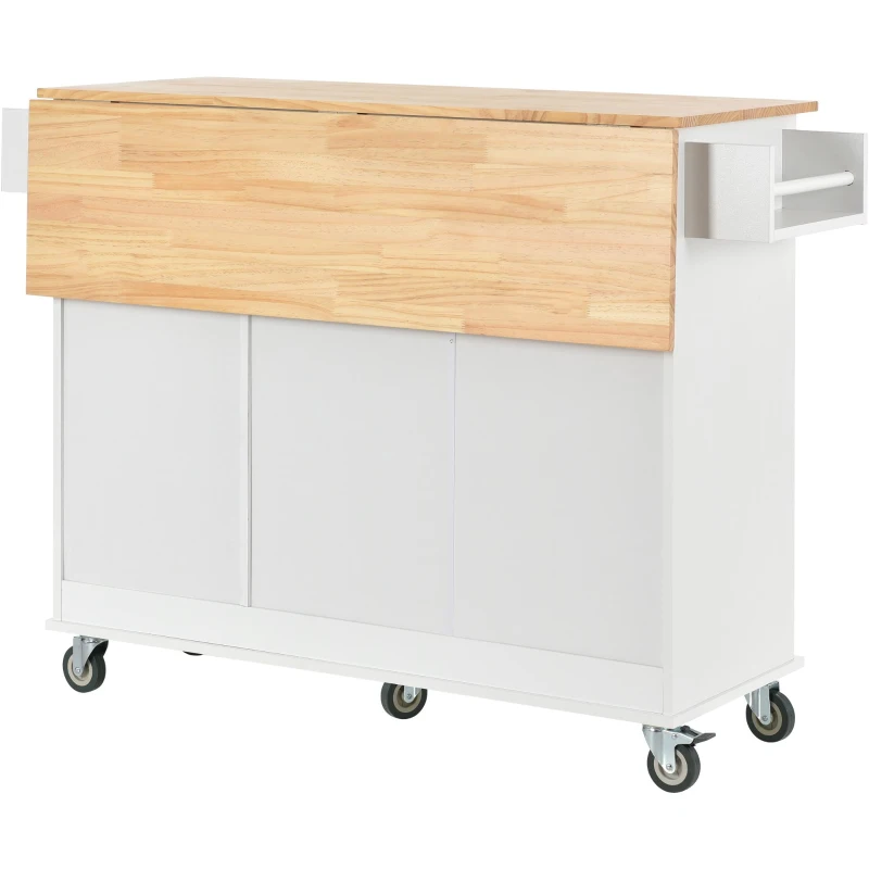 Kitchen Island with Wood Top, Locking Wheels, Racks and Drawers, Central Island with Drop Leaf Breakfast Bar, 53" L x 29.5" W x 37" H, White