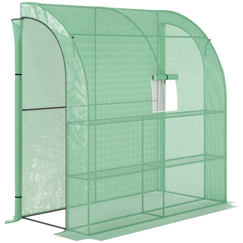 Outsunny 7' x 3' x 7' Lean to Greenhouse, Walk-In Green House, Plant Nursery with 2 Roll-up Doors and Windows, PE Cover and 3 Wire Shelves, Green