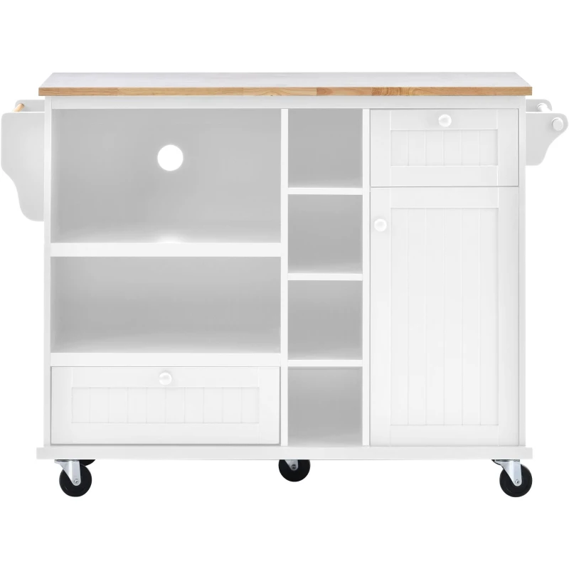 Kitchen Cart with 2 Storage Drawers, Solid Wood Desktop, Locking Wheels, Utility Island with Microwave Cabinet, 51" L x 18" W x 36" H, White