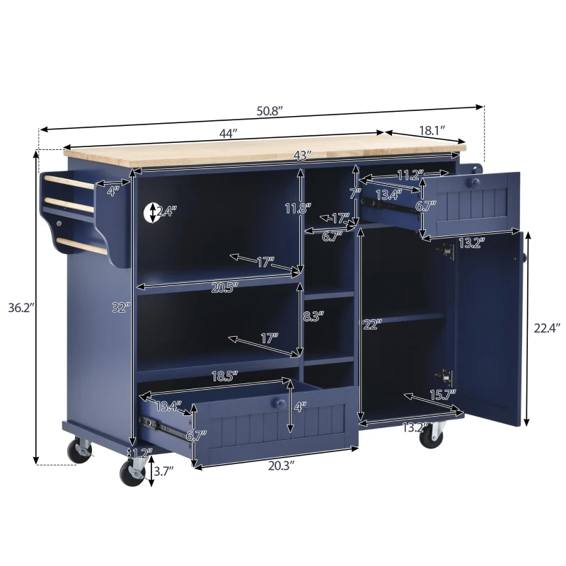 Rolling Mobile Kitchen Island Cart with Storage Cabinet, Solid Wood Desktop, Central Island with Locking Wheels, 51" L x 18" W x 36" H, Dark Blue