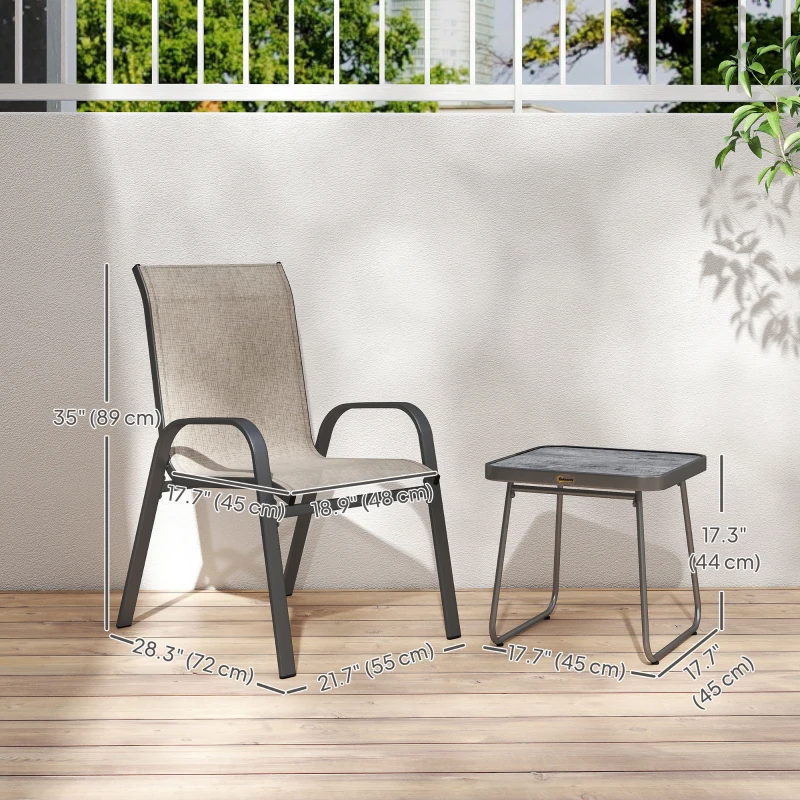 Outsunny Outdoor Bistro Set of 3, 3-Piece Patio Set with Breathable Mesh Fabric, Stackable Chairs and Square Table, Brown