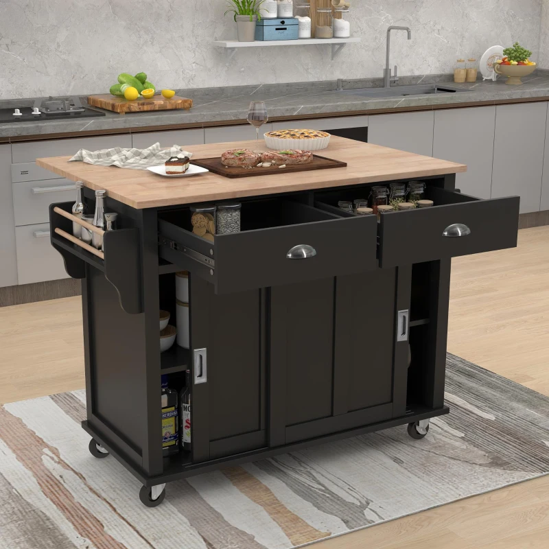 Adjustable Kitchen Cart with 4 Wheels, Sliding Doors, Cabinet and Drawers, Utility Island with Drop-Leaf Tabletop, 52" L x 30.5" W x 36.5" H, Black