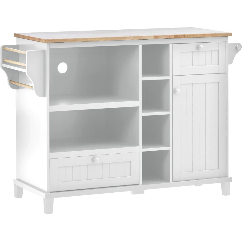 Kitchen Cart with 2 Storage Drawers, Solid Wood Desktop, Locking Wheels, Utility Island with Microwave Cabinet, 51" L x 18" W x 36" H, White