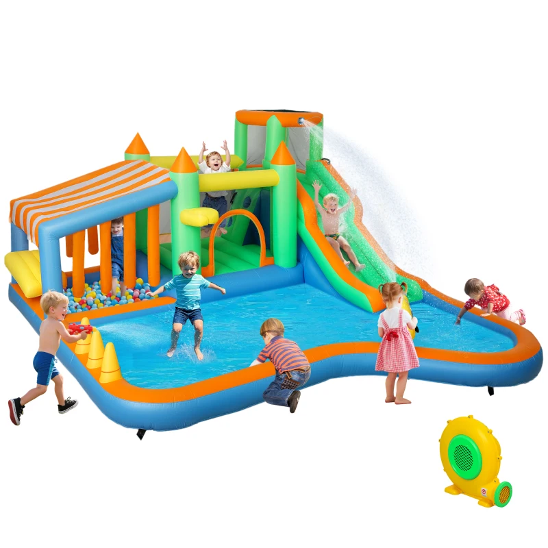 Qaba 8 in 1 Inflatable Bounce House Water Slide with 550W High Power Blower, for 3-8 Years