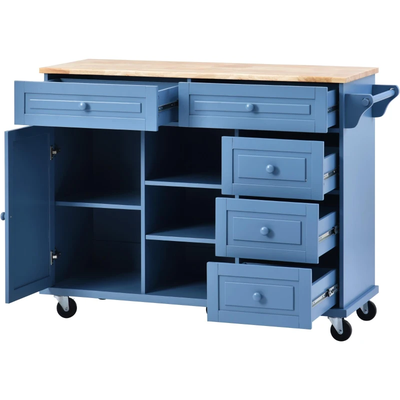 Rolling Kitchen Island Cart with 5 Drawers, Rubber Wood Top, Adjustable Shelves, Utility Island with Lockable Wheels, 53" L x 18" W x 36" H, Blue