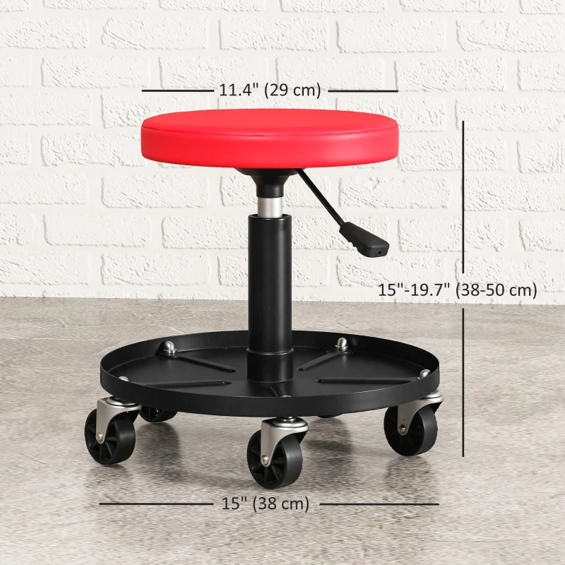 HOMCOM Rolling Garage Stool, 300 LBS Capacity Padded Mechanic Stool with 2.5" Wheels, Adjustable Height 15" -19.7", Red