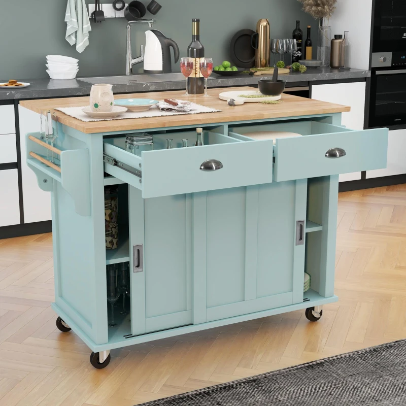 Rolling Kitchen Island with Drop-Leaf Countertop, Sliding Door, Adjustable Shelves, Cabinet and Drawers, 52" L x 30.5" W x 36.5" H, Mint Green