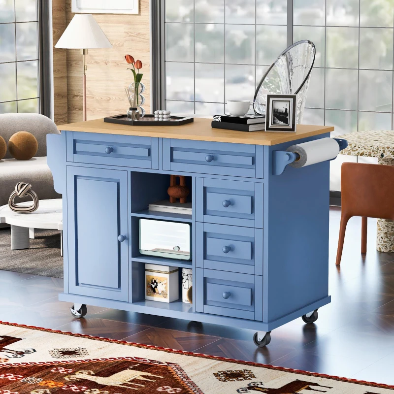 Rolling Kitchen Island Cart with 5 Drawers, Rubber Wood Top, Adjustable Shelves, Utility Island with Lockable Wheels, 53" L x 18" W x 36" H, Blue