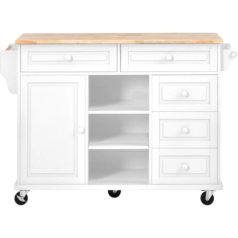 Mobile Kitchen Cart with 5 Drawers, Adjustable Shelves, Lockable Wheels, Rolling Cooking Island with Wooden Top, 53" L x 18" W x 36" H, White