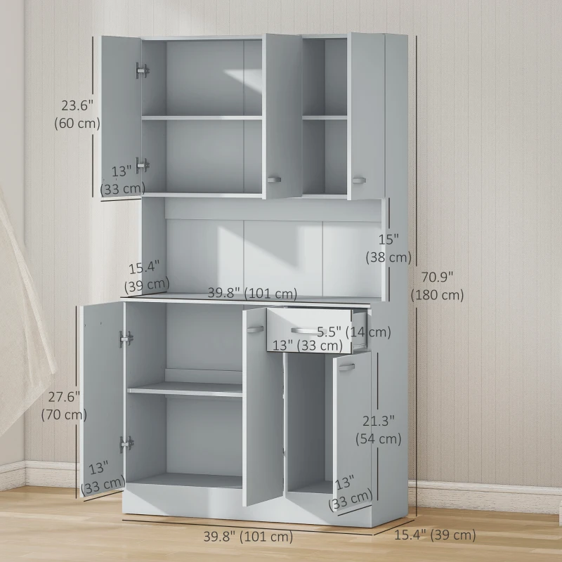 HOMCOM 71" Modern Buffet with Hutch, Freestanding Kitchen Hutch with Storage Cabinets, Drawer, Microwave Counter, Grey