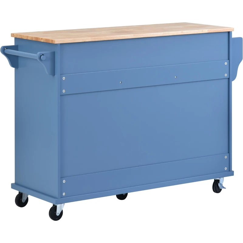 Rolling Kitchen Island Cart with 5 Drawers, Rubber Wood Top, Adjustable Shelves, Utility Island with Lockable Wheels, 53" L x 18" W x 36" H, Blue