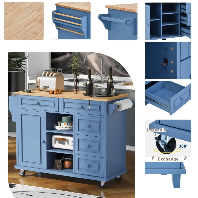 Rolling Kitchen Island Cart with 5 Drawers, Rubber Wood Top, Adjustable Shelves, Utility Island with Lockable Wheels, 53" L x 18" W x 36" H, Blue