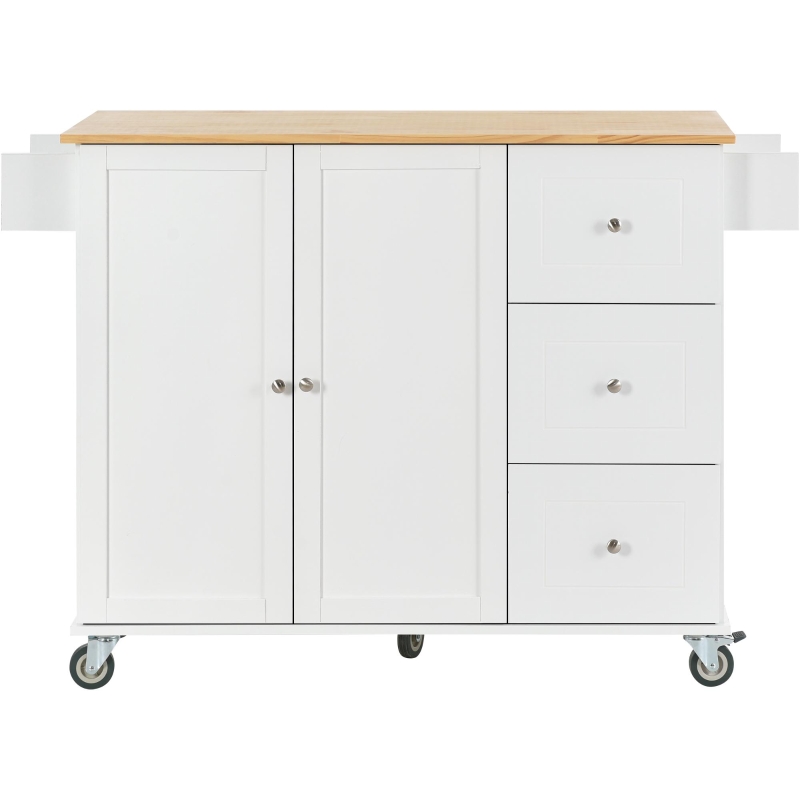 Kitchen Island with Wood Top, Locking Wheels, Racks and Drawers, Central Island with Drop Leaf Breakfast Bar, 53" L x 29.5" W x 37" H, White