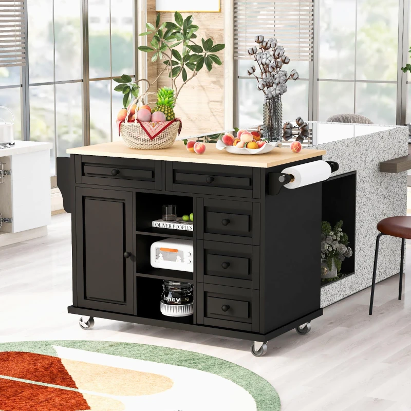 Rolling Kitchen Cart with 5 Drawers, Rubber Wood Top, Adjustable Shelves, Central Island with Lockable Wheels, 53" L x 18" W x 36" H, Black