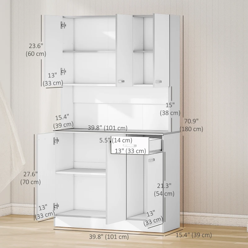 HOMCOM 71" Modern Buffet with Hutch, Standing Kitchen Hutch with Storage Cabinets, Drawer, Open Space with Microwave Stand, White