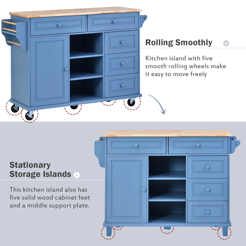 Rolling Kitchen Island Cart with 5 Drawers, Rubber Wood Top, Adjustable Shelves, Utility Island with Lockable Wheels, 53" L x 18" W x 36" H, Blue
